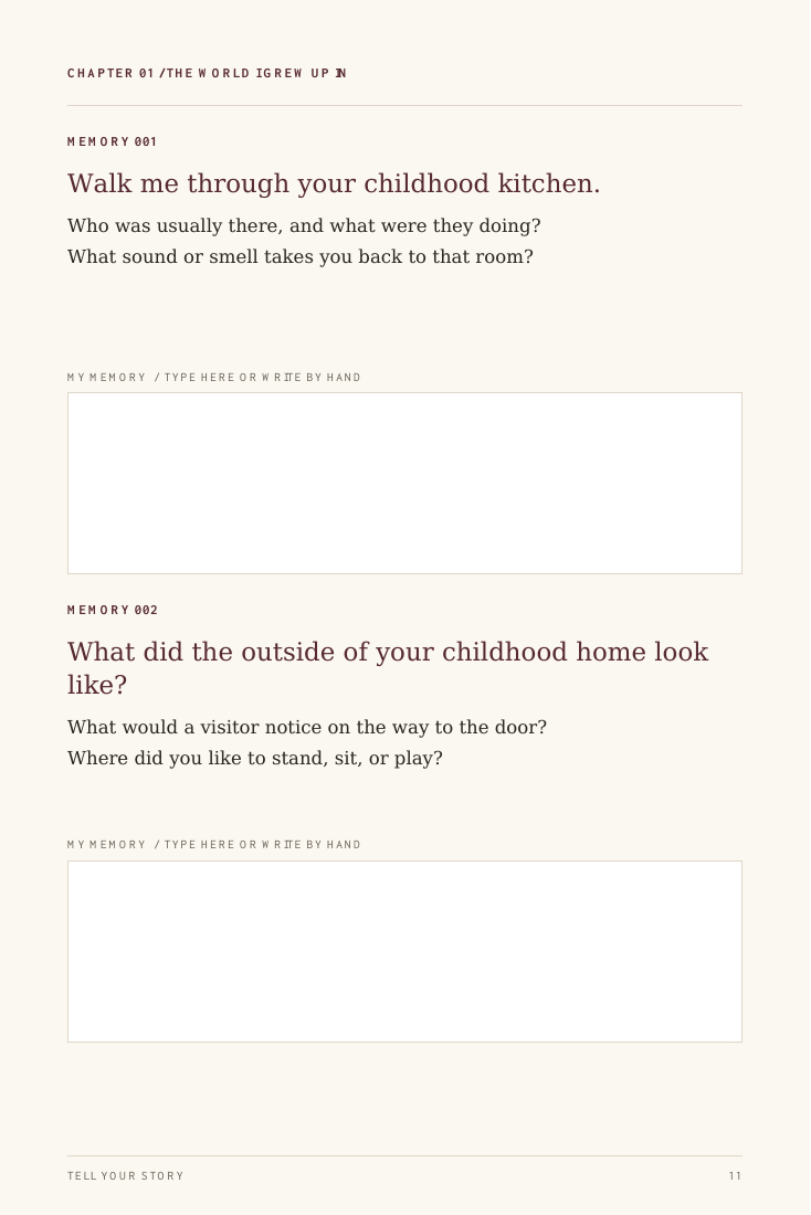 Actual ebook page 11: Childhood memories, with two numbered prompts, follow-up questions, and fillable answer spaces